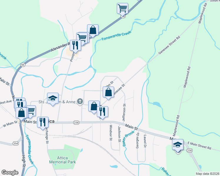map of restaurants, bars, coffee shops, grocery stores, and more near 21 Elm Street in Attica
