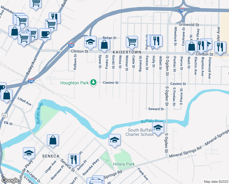 map of restaurants, bars, coffee shops, grocery stores, and more near 56 Gorski Street in Buffalo