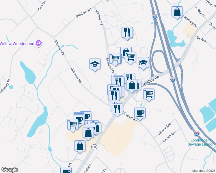 map of restaurants, bars, coffee shops, grocery stores, and more near 1B Commons Drive in Londonderry