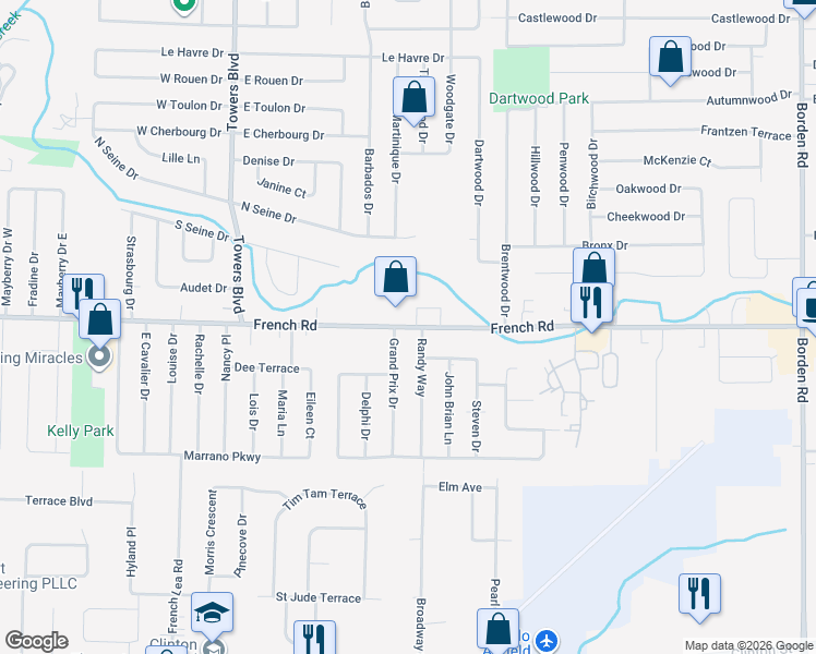 map of restaurants, bars, coffee shops, grocery stores, and more near 816 French Road in Cheektowaga