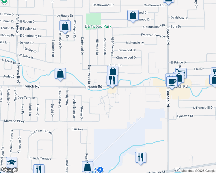 map of restaurants, bars, coffee shops, grocery stores, and more near French Road & Haley Lane in Buffalo