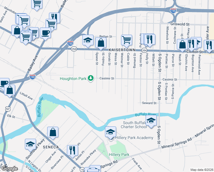 map of restaurants, bars, coffee shops, grocery stores, and more near 56 Gorski Street in Buffalo