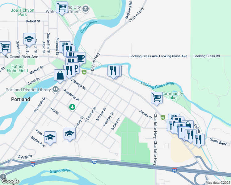map of restaurants, bars, coffee shops, grocery stores, and more near 123 North Grant Street in Portland