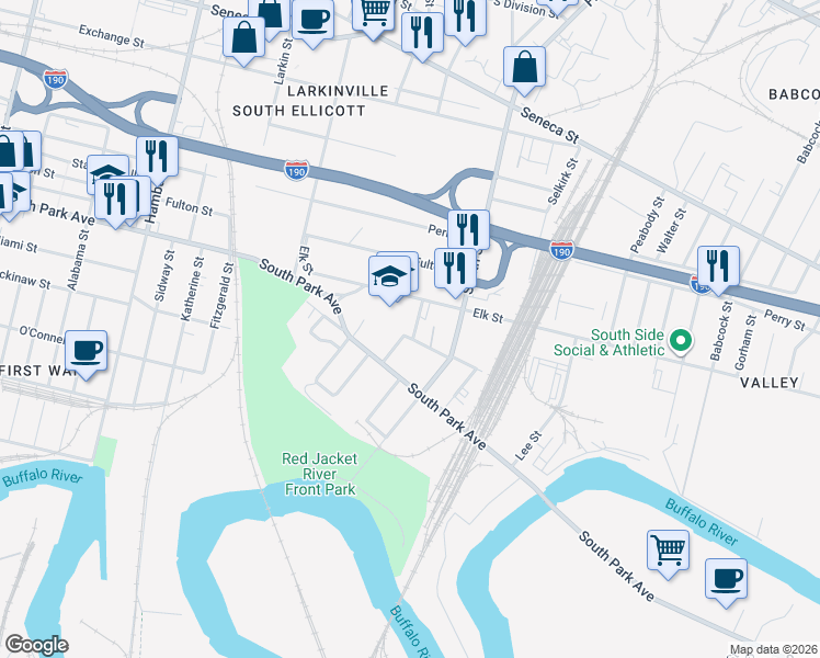 map of restaurants, bars, coffee shops, grocery stores, and more near 46 Euclid Place in Buffalo