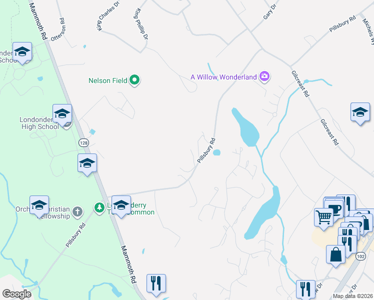 map of restaurants, bars, coffee shops, grocery stores, and more near 96 Pillsbury Road in Londonderry