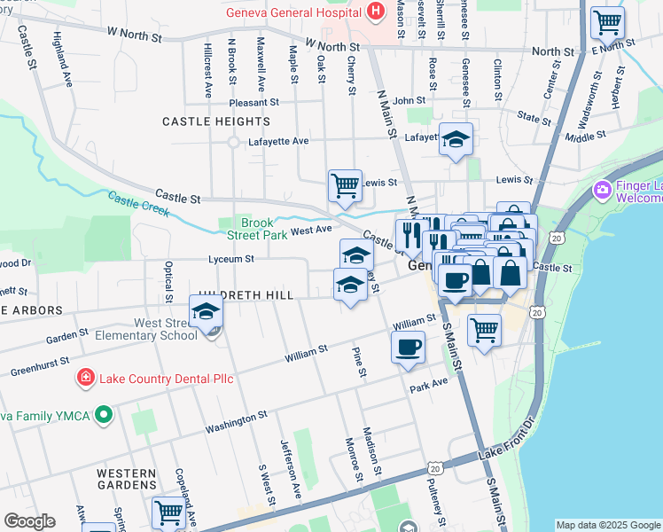 map of restaurants, bars, coffee shops, grocery stores, and more near 40 Elmwood Avenue in Geneva