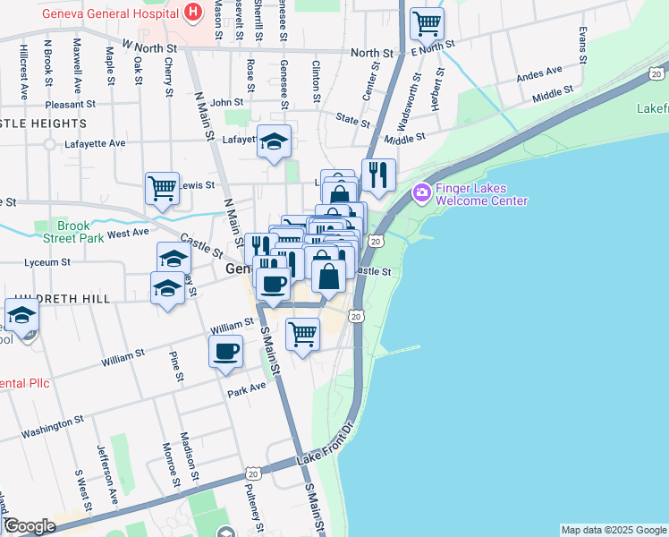 map of restaurants, bars, coffee shops, grocery stores, and more near Exchange Street & Castle Street in Geneva