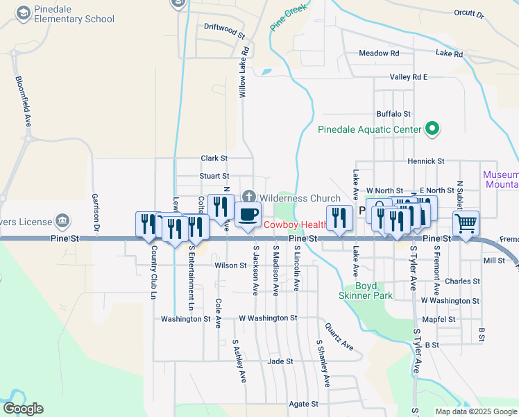 map of restaurants, bars, coffee shops, grocery stores, and more near 716 Bonneville Street in Pinedale