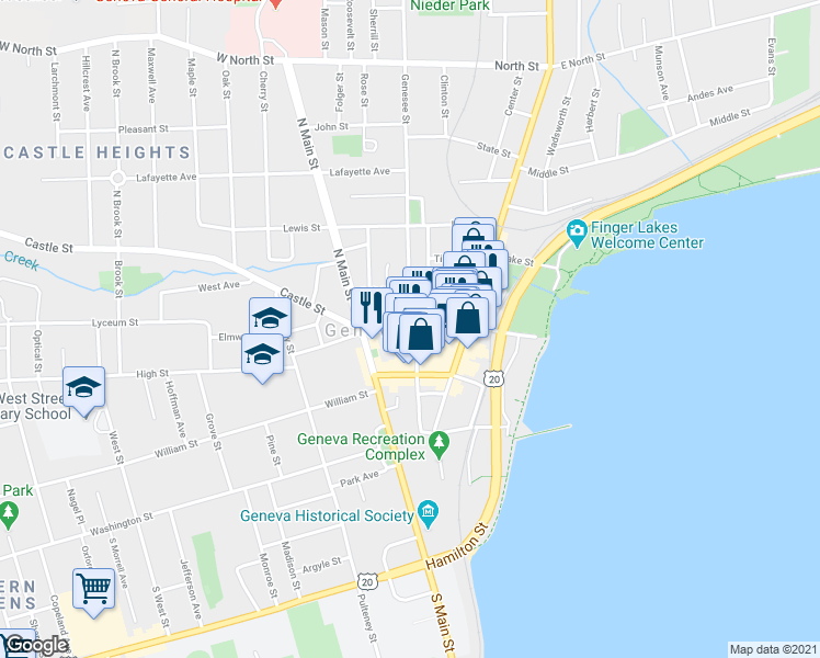 map of restaurants, bars, coffee shops, grocery stores, and more near Castle St & Genesee St in Geneva