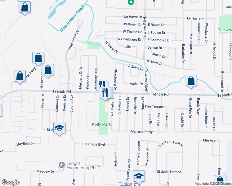 map of restaurants, bars, coffee shops, grocery stores, and more near French Rd & Strasbourg Dr in Cheektowaga