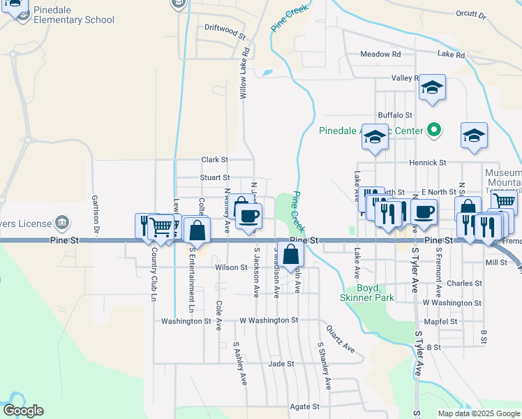 map of restaurants, bars, coffee shops, grocery stores, and more near 716 Bonneville Street in Pinedale