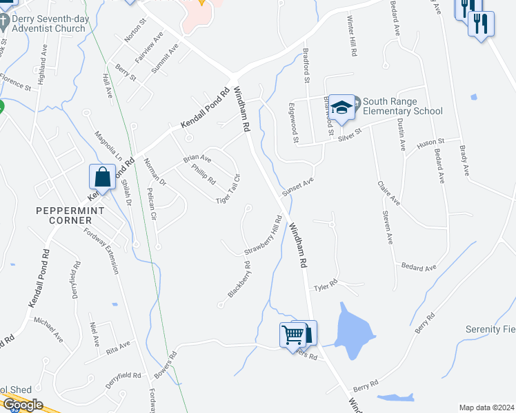 map of restaurants, bars, coffee shops, grocery stores, and more near 11 Blueberry Road in Derry