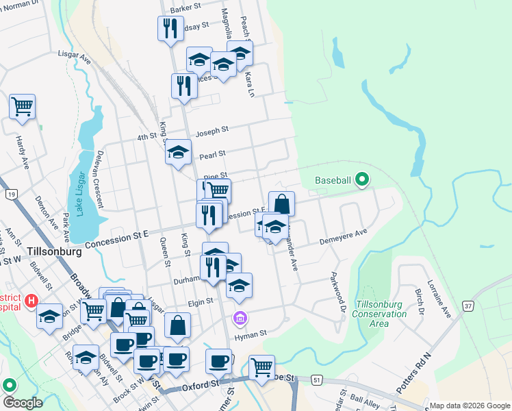 map of restaurants, bars, coffee shops, grocery stores, and more near 138 Concession Street East in Tillsonburg