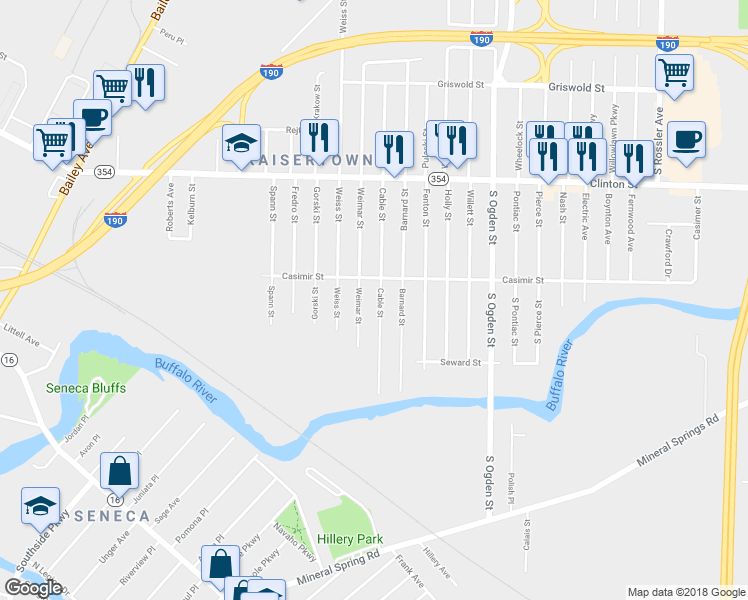 map of restaurants, bars, coffee shops, grocery stores, and more near 114 Cable St in Buffalo