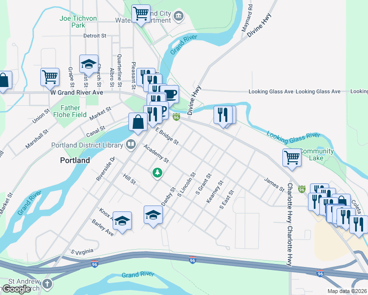 map of restaurants, bars, coffee shops, grocery stores, and more near 421 East Bridge Street in Portland