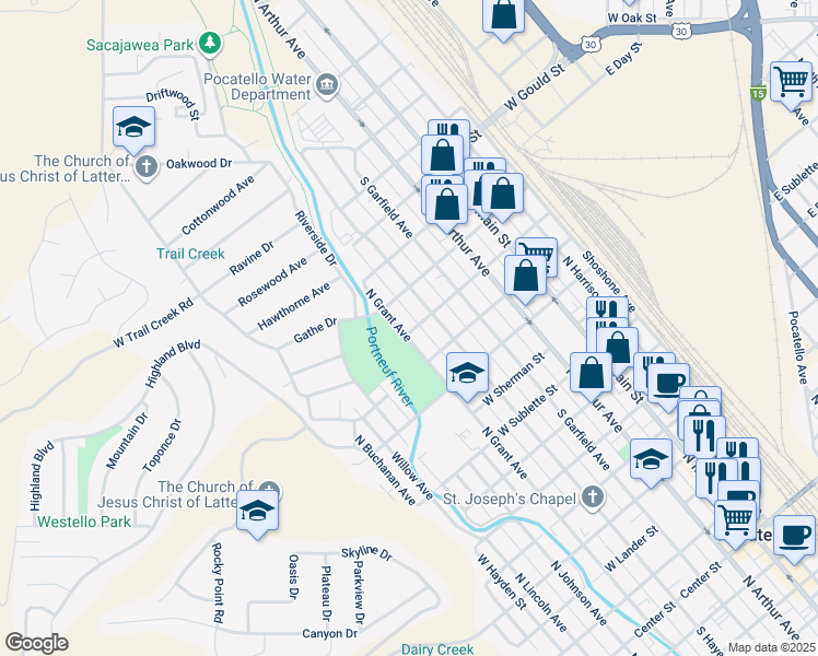map of restaurants, bars, coffee shops, grocery stores, and more near 650 West Greeley Street in Pocatello