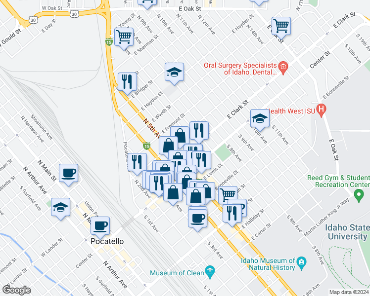 map of restaurants, bars, coffee shops, grocery stores, and more near 215 North 6th Avenue in Pocatello