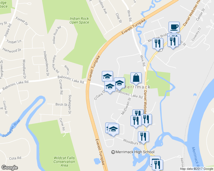 map of restaurants, bars, coffee shops, grocery stores, and more near 33 Baboosic Lake Road in Merrimack