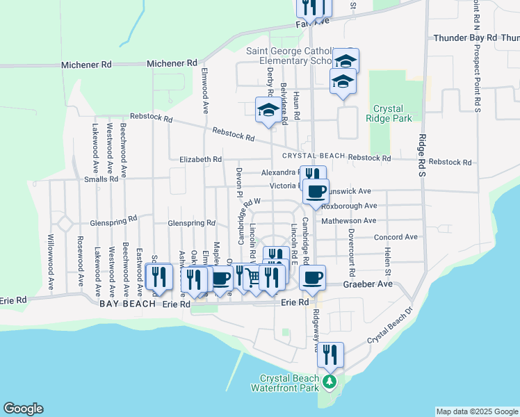 map of restaurants, bars, coffee shops, grocery stores, and more near 314 Lincoln Road West in Fort Erie