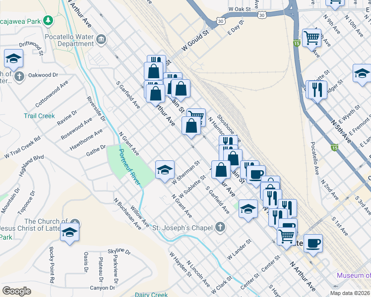 map of restaurants, bars, coffee shops, grocery stores, and more near 1010 North Arthur Avenue in Pocatello