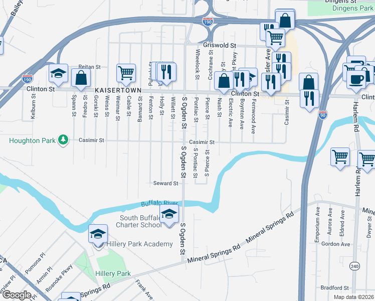 map of restaurants, bars, coffee shops, grocery stores, and more near 272 South Ogden Street in Buffalo