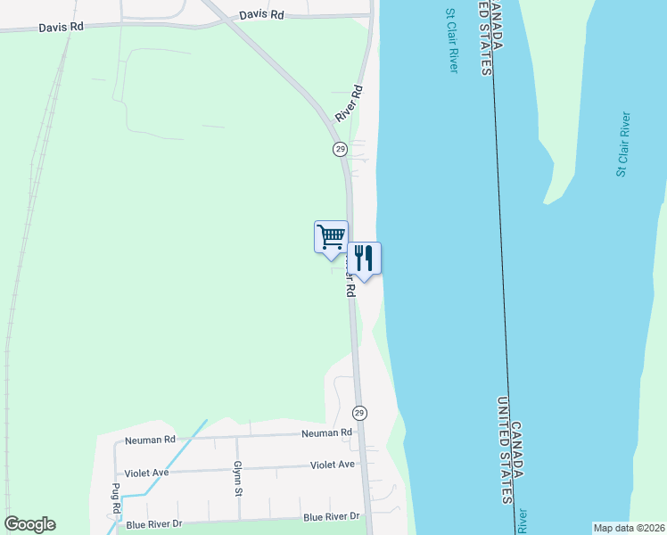 map of restaurants, bars, coffee shops, grocery stores, and more near 1316 River Road in Saint Clair