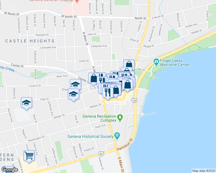 map of restaurants, bars, coffee shops, grocery stores, and more near 120 Castle Street in Geneva