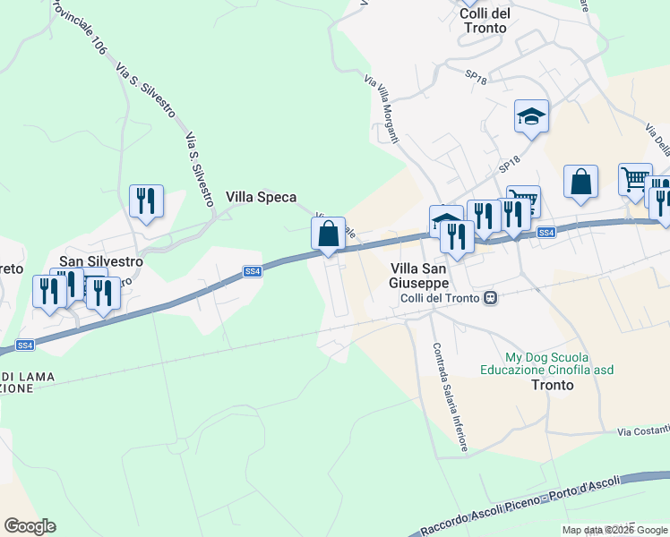 map of restaurants, bars, coffee shops, grocery stores, and more near Via Salaria in Villa San Giuseppe