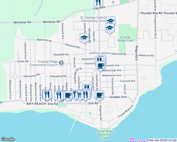 map of restaurants, bars, coffee shops, grocery stores, and more near 25 Cambridge Road East in Fort Erie