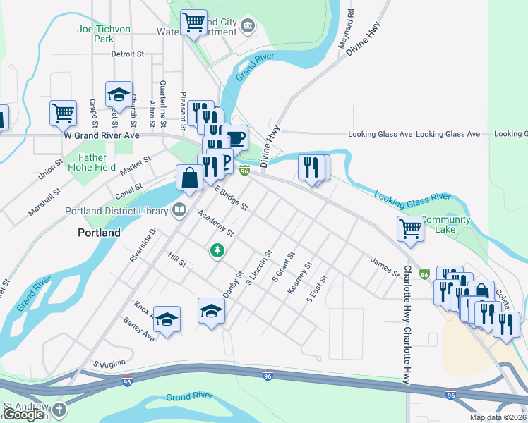 map of restaurants, bars, coffee shops, grocery stores, and more near 421 East Bridge Street in Portland