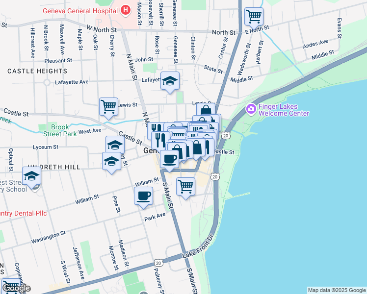 map of restaurants, bars, coffee shops, grocery stores, and more near 68 Castle Street in Geneva