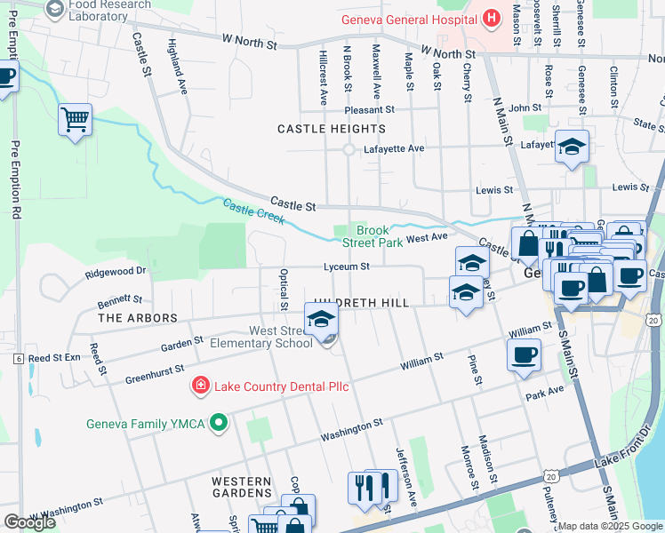 map of restaurants, bars, coffee shops, grocery stores, and more near 101 Lyceum Street in Geneva