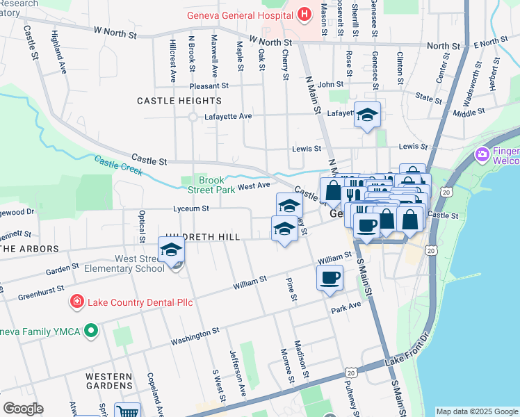 map of restaurants, bars, coffee shops, grocery stores, and more near 40 Elmwood Avenue in Geneva