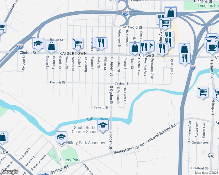 map of restaurants, bars, coffee shops, grocery stores, and more near 272 South Ogden Street in Buffalo