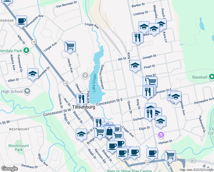 map of restaurants, bars, coffee shops, grocery stores, and more near 7 2nd Street in Tillsonburg