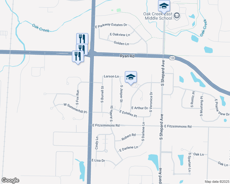 map of restaurants, bars, coffee shops, grocery stores, and more near 9695 South Jasper Street in Oak Creek