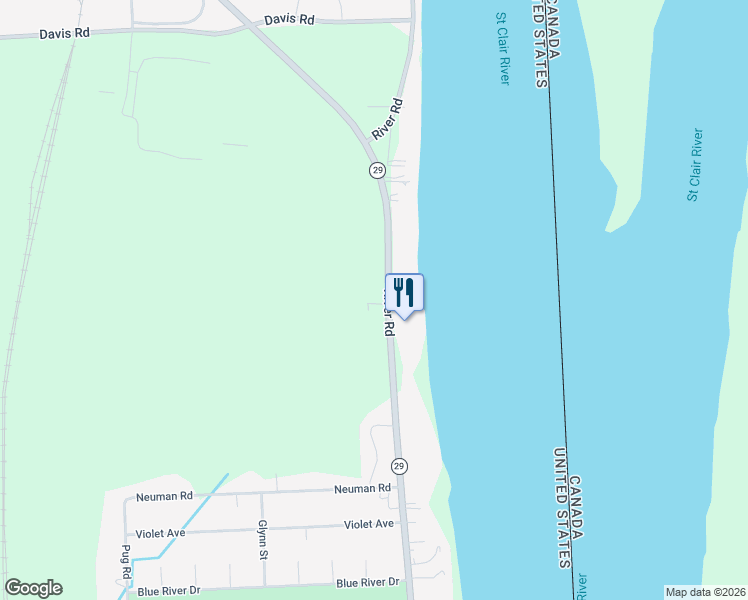 map of restaurants, bars, coffee shops, grocery stores, and more near 1316 River Road in Saint Clair