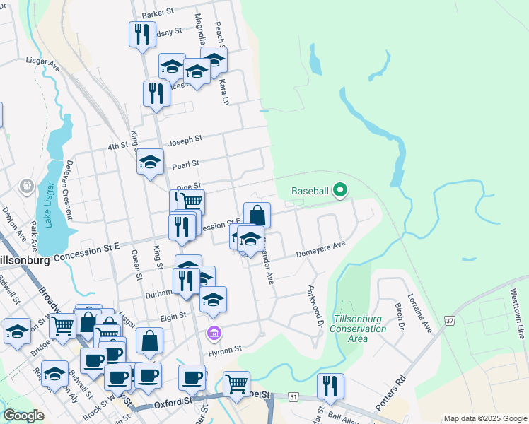 map of restaurants, bars, coffee shops, grocery stores, and more near 150 Concession Street East in Tillsonburg