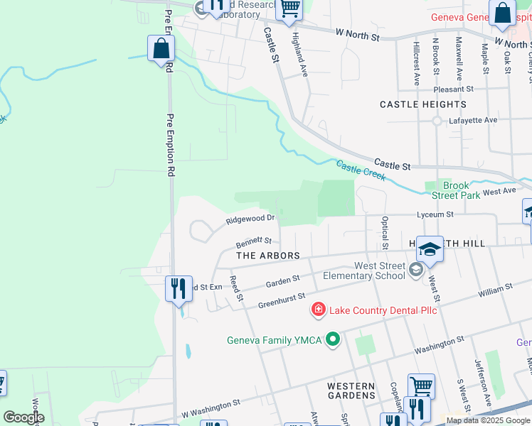 map of restaurants, bars, coffee shops, grocery stores, and more near 24 Ridgewood Drive in Geneva