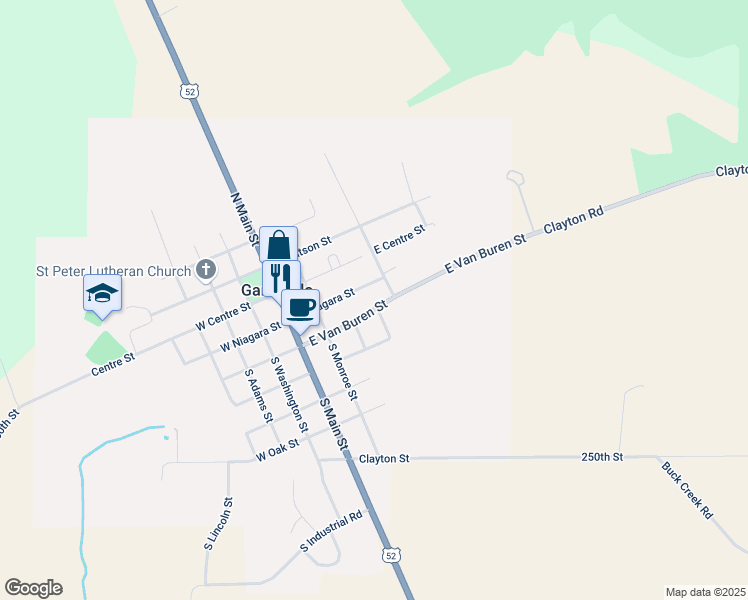 map of restaurants, bars, coffee shops, grocery stores, and more near 355 East Van Buren Street in Garnavillo