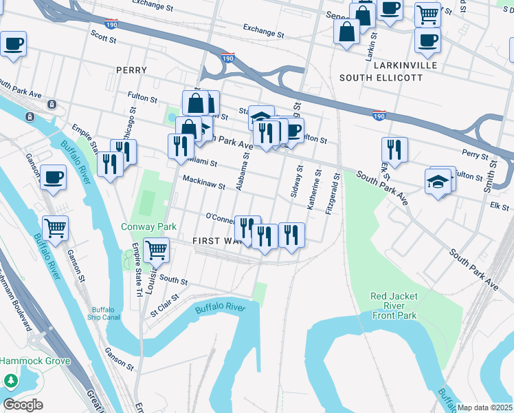 map of restaurants, bars, coffee shops, grocery stores, and more near 168 Hamburg Street in Buffalo