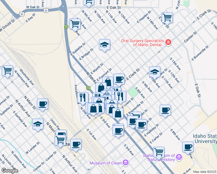 map of restaurants, bars, coffee shops, grocery stores, and more near 309 North 6th Avenue in Pocatello