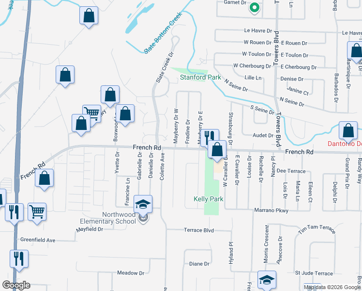 map of restaurants, bars, coffee shops, grocery stores, and more near 8 Fradine Drive in Buffalo