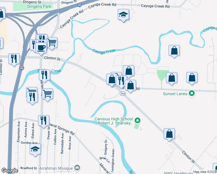 map of restaurants, bars, coffee shops, grocery stores, and more near 2701 Clinton Street in Buffalo