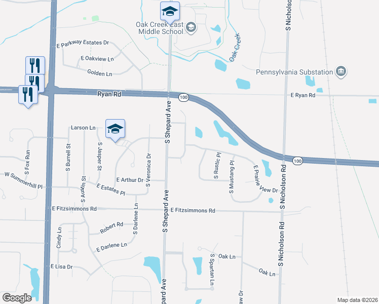 map of restaurants, bars, coffee shops, grocery stores, and more near 9673 Wintergreen Drive in Oak Creek