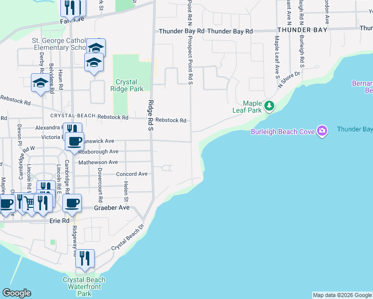map of restaurants, bars, coffee shops, grocery stores, and more near 273 Prospect Point Road South in Fort Erie