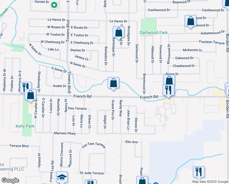 map of restaurants, bars, coffee shops, grocery stores, and more near 794-800 French Road in Cheektowaga