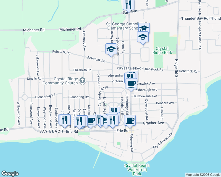 map of restaurants, bars, coffee shops, grocery stores, and more near 453 Cambridge Road West in Fort Erie