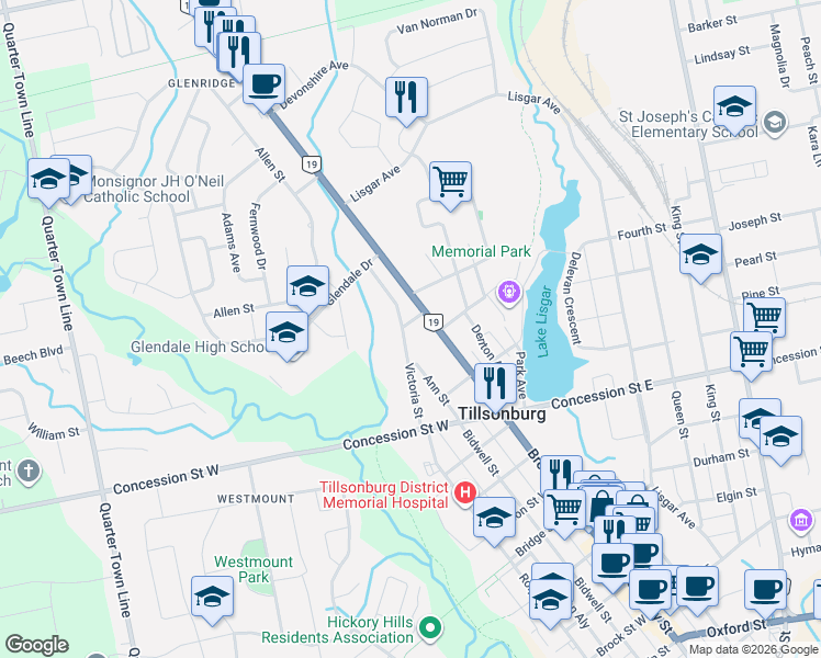 map of restaurants, bars, coffee shops, grocery stores, and more near 65 Victoria Street in Tillsonburg