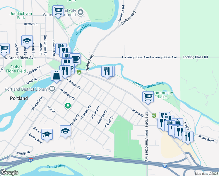 map of restaurants, bars, coffee shops, grocery stores, and more near 123 North Grant Street in Portland